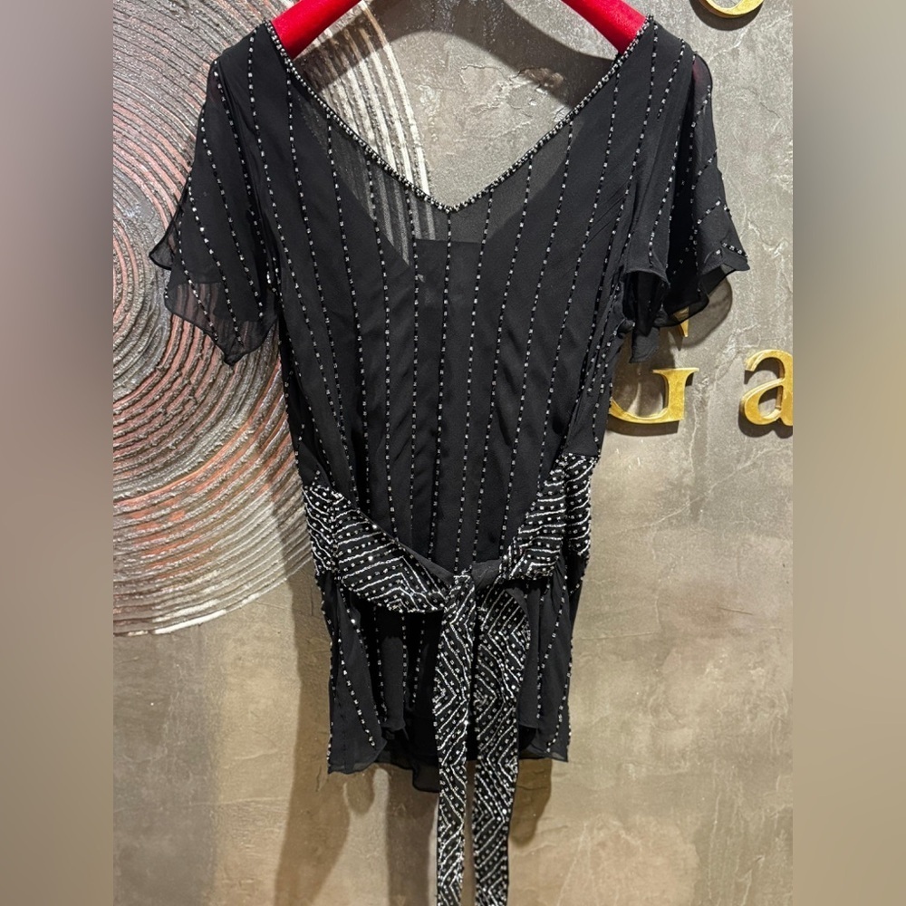 Adrianna Papell Black v neck blouse  with Silver Accents beads - Picture 2 of 6
